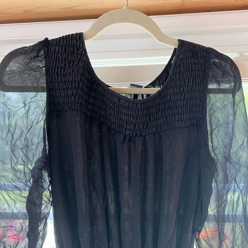 Vintage Armani Exchange smocked sheer puff bishop sleeve black silk dress size 4